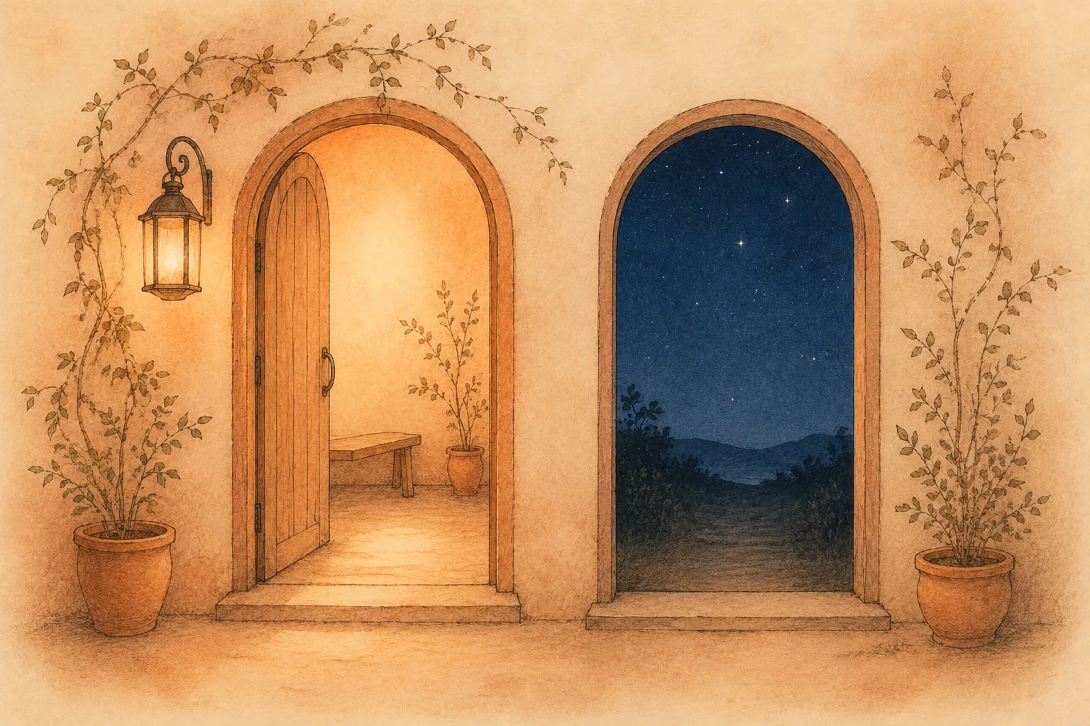 Two doorways side by side, one lit by a lantern with a keeper beside it and one opening onto a dark street, representing moderated versus unmoderated online support spaces
