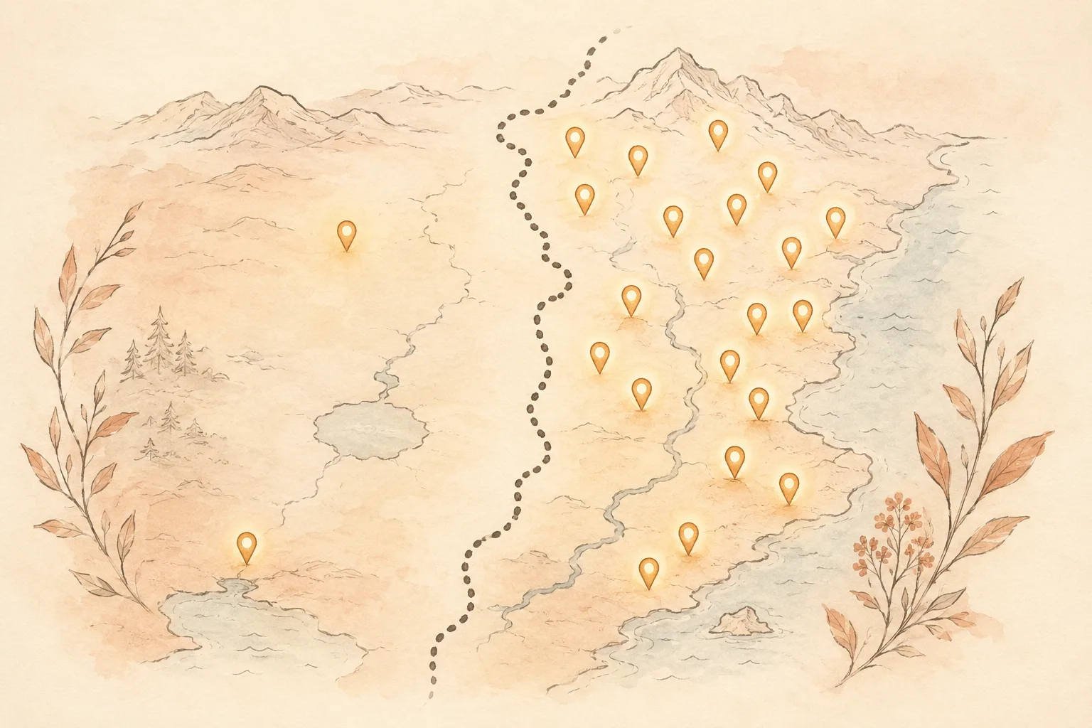 A stylized map with a state border running through it and glowing pins clustered on the far side, showing specialists who exist but cannot legally take you as a client