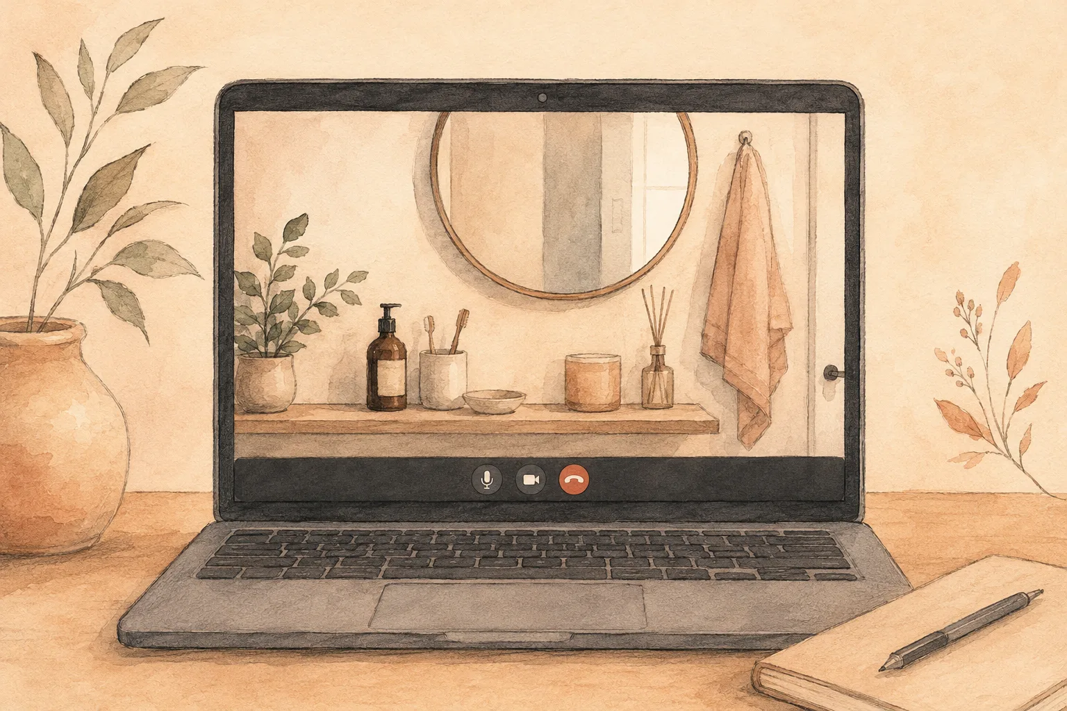 A bathroom shelf and mirror framed through a laptop camera, showing the picking environment made visible to a remote therapist