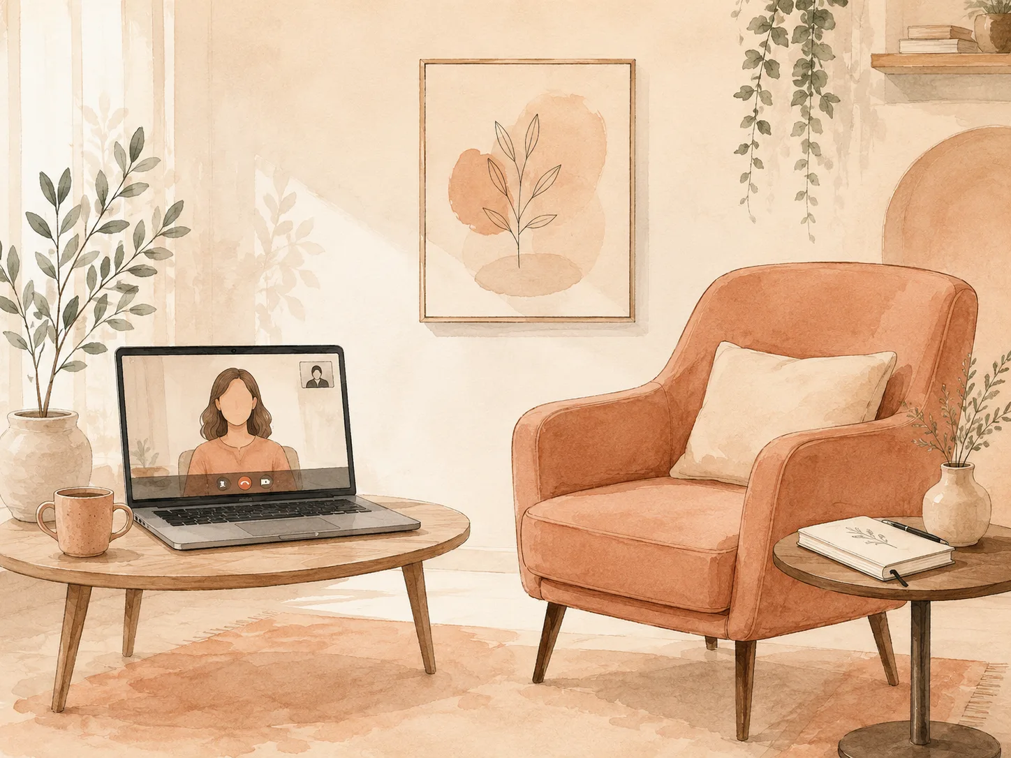 A laptop showing a video call sitting beside an empty therapy chair, the two routes into the same treatment placed side by side