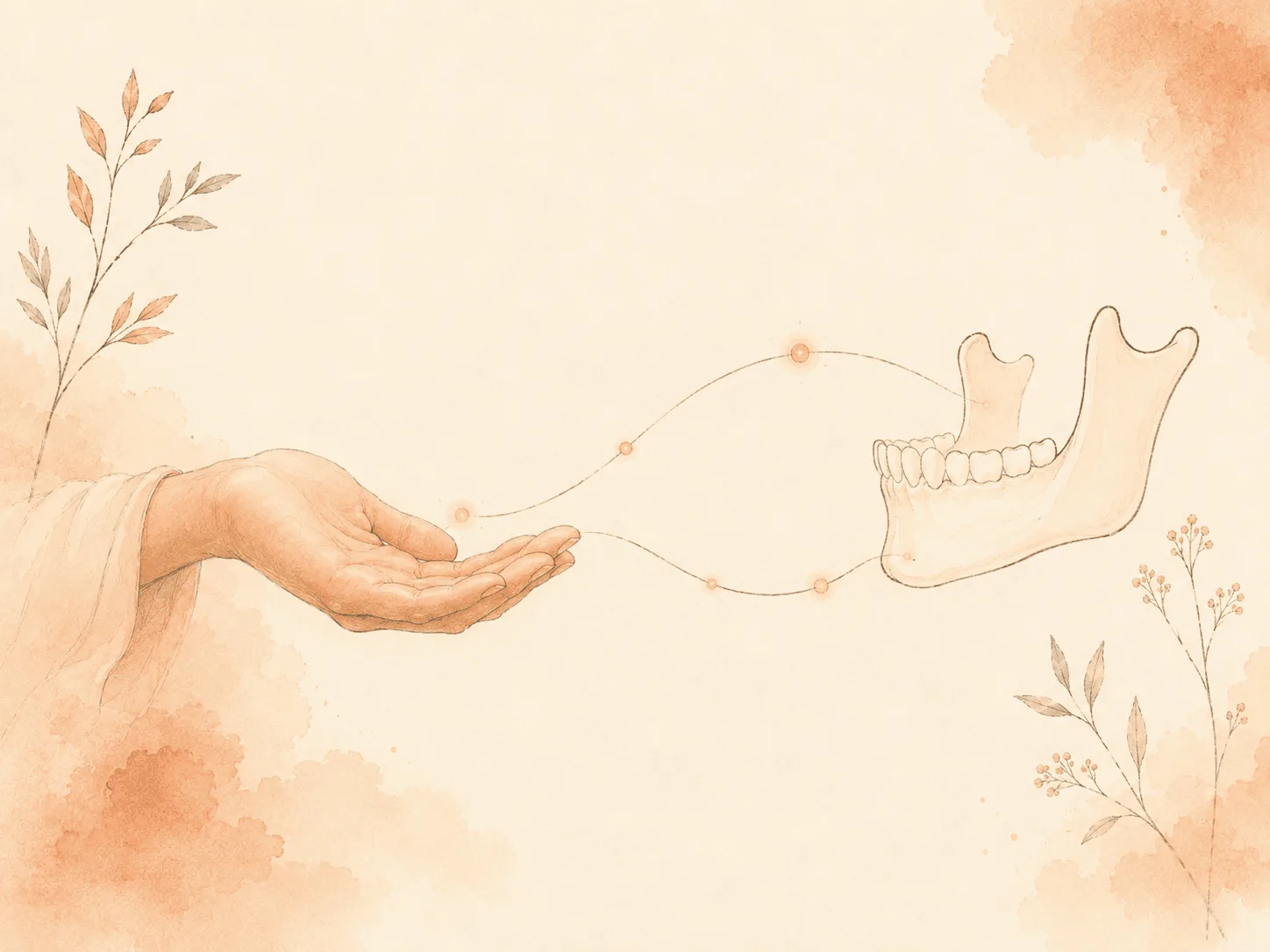 A symbolic illustration linking a hand and a jaw with soft connecting lines, showing that chronic nail biting affects both the nails and the mouth