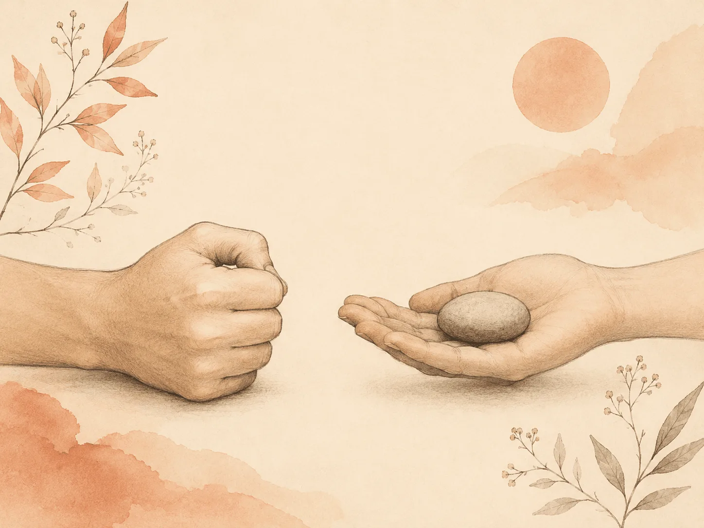 A closed fist beside a smooth stone held in an open palm, showing the competing-response step that makes nail biting physically impossible for a minute