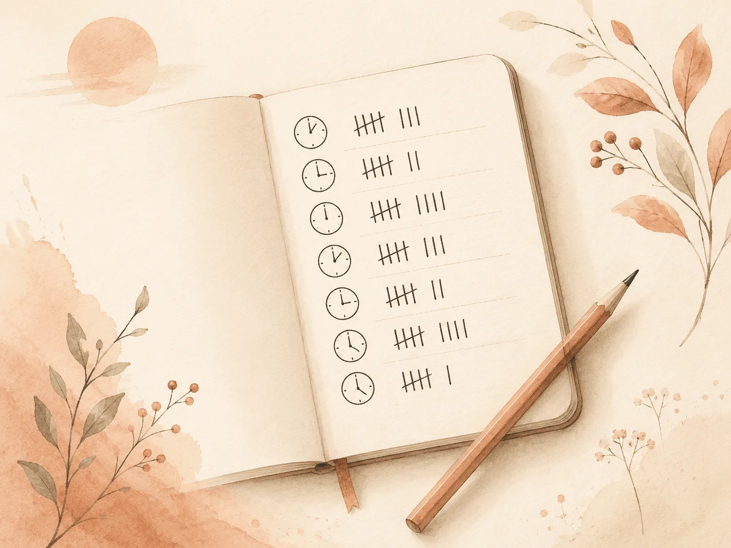 A simple daily log page with tally marks and time-of-day notes, illustrating the self-monitoring step that opens habit reversal training