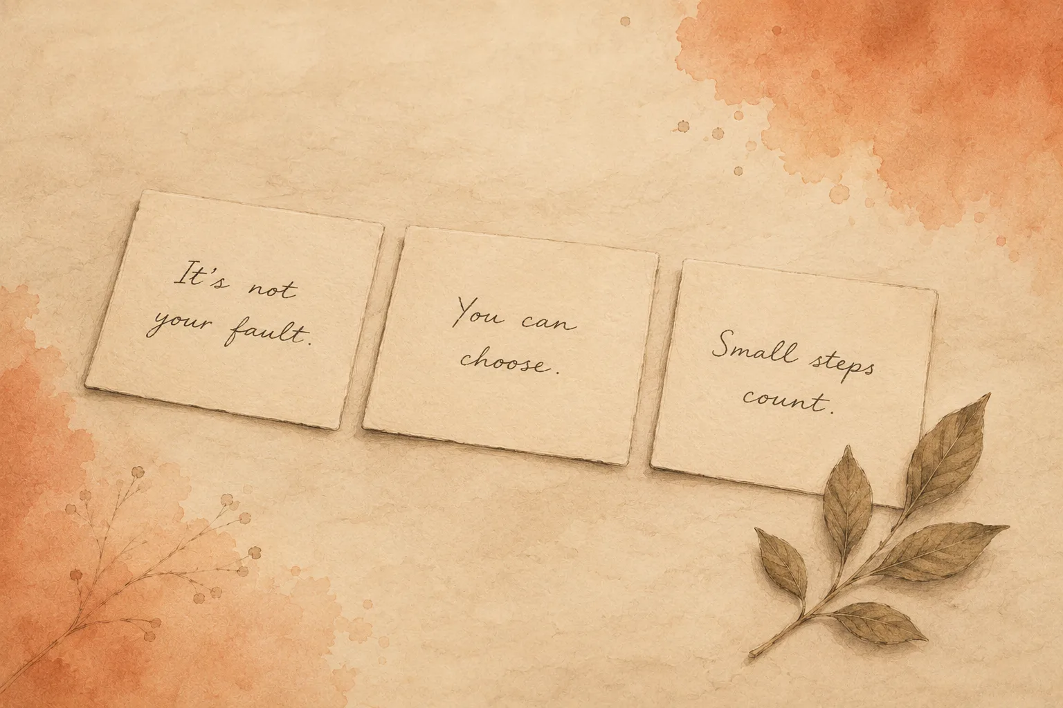 Three small handwritten cards laid out in a row like pieces of evidence, each holding one short sentence, representing the compressed beliefs that launch a correction episode