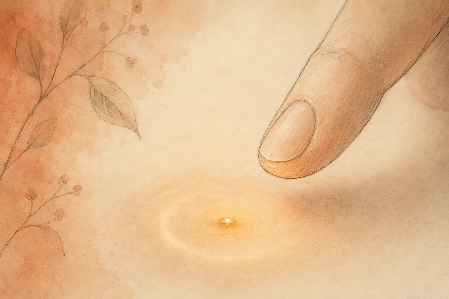 A watercolor illustration of a single small glowing mark on a plain surface with a hand hovering close to it but not touching, showing the pull toward correcting one imperfect thing