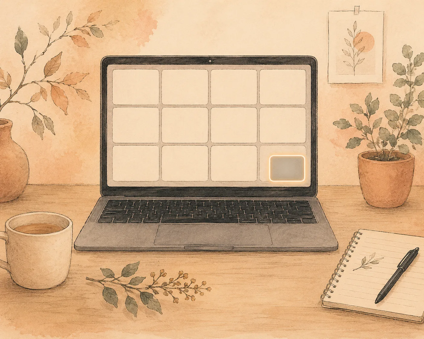 A laptop screen showing a grid of blank video-meeting tiles with the small self-view tile in the corner softly dimmed and set aside, representing hiding your own face during calls.