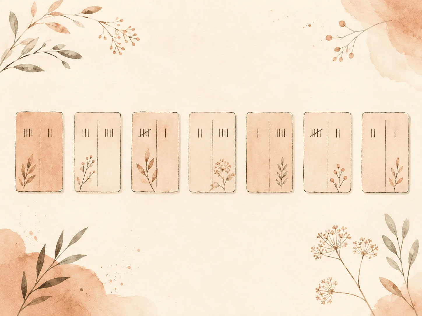 Seven small cards in a row, each holding a few tally marks split across two columns, representing a week of counting picking episodes by whether they started noticed or unnoticed.
