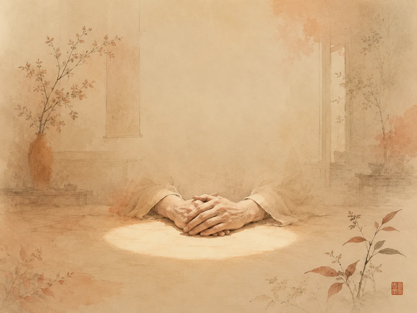 A wide dim room reduced to a single small circle of warm light falling on a pair of hands, illustrating attention narrowing onto one point until everything around it stops registering.