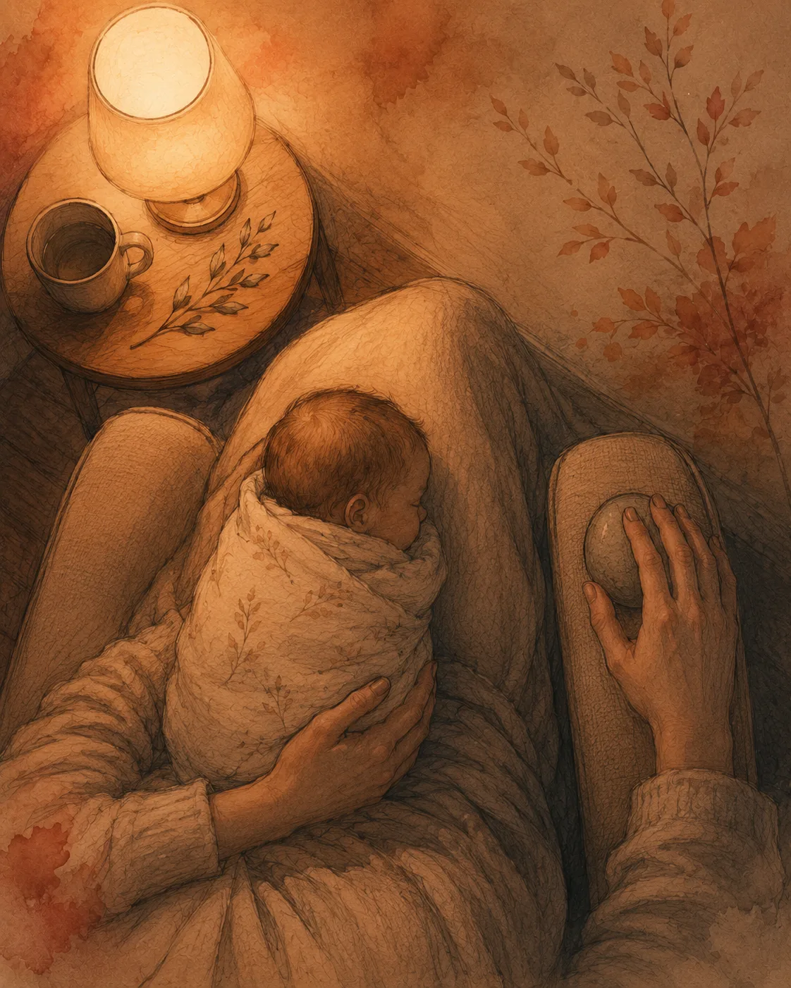 A pair of hands during a night feed, one hand supporting a swaddled baby and the other resting on a smooth stone placed on the chair arm, illustrating how a feed leaves one hand entirely free.