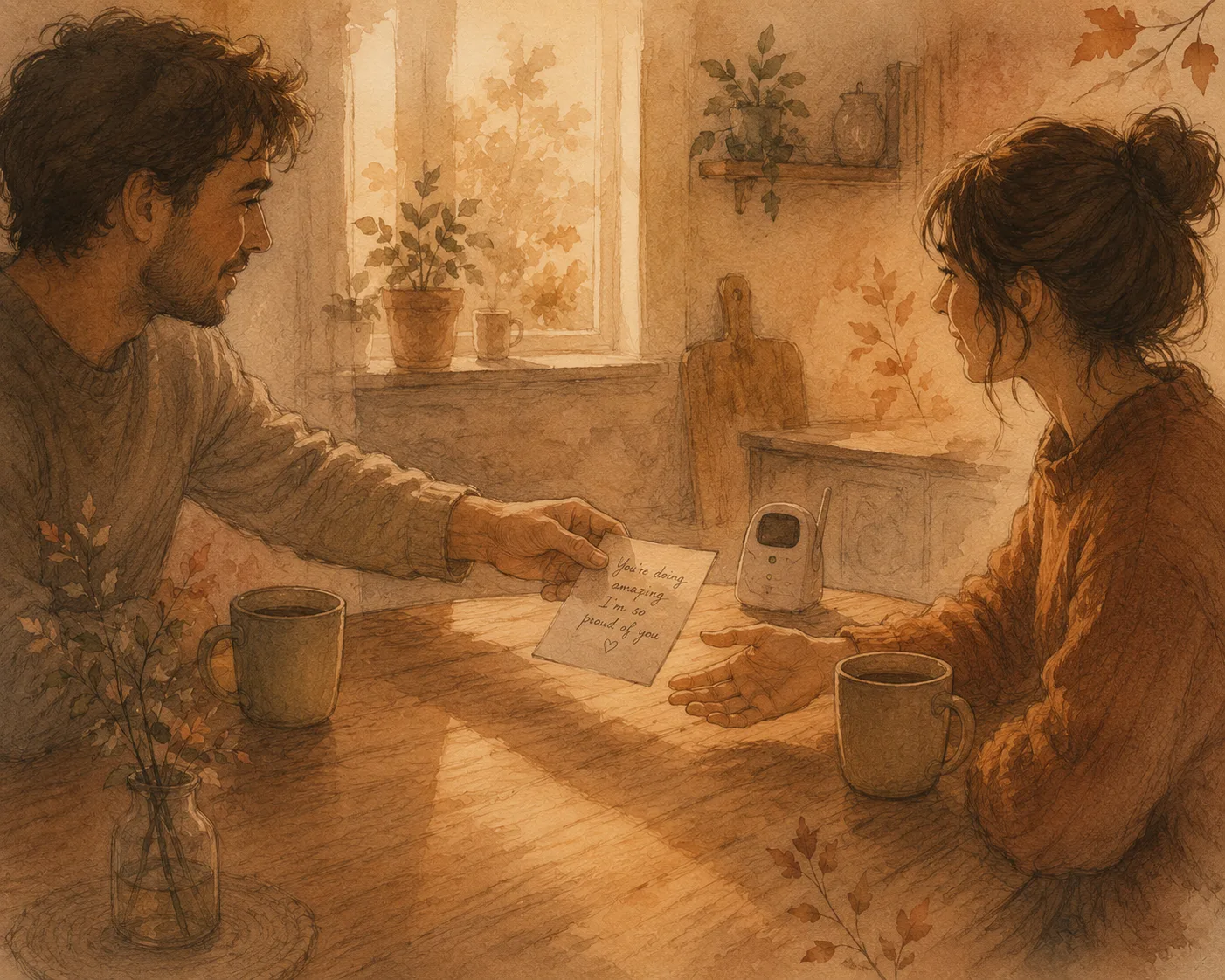 Two people at a kitchen table in early morning light, one sliding a folded handwritten note across to the other, representing asking a partner to take over the night feeds.