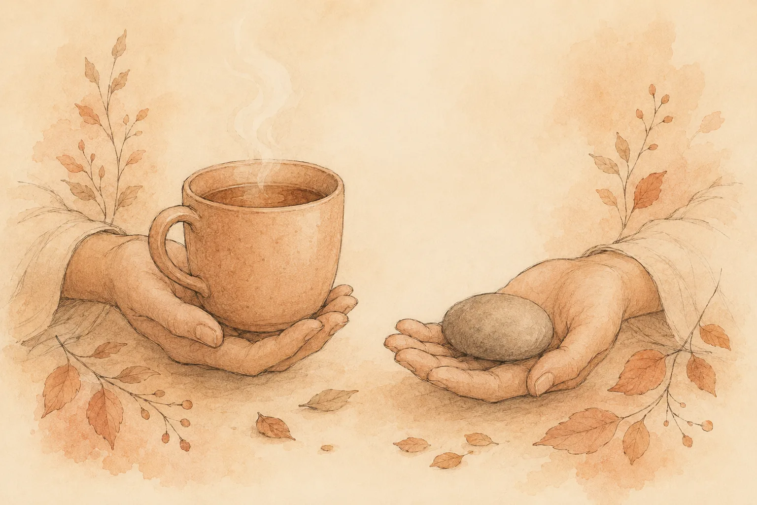 Two open hands cradling a warm mug and a smooth stone, resting low rather than reaching upward, illustrating a competing response rebuilt for a changed body.