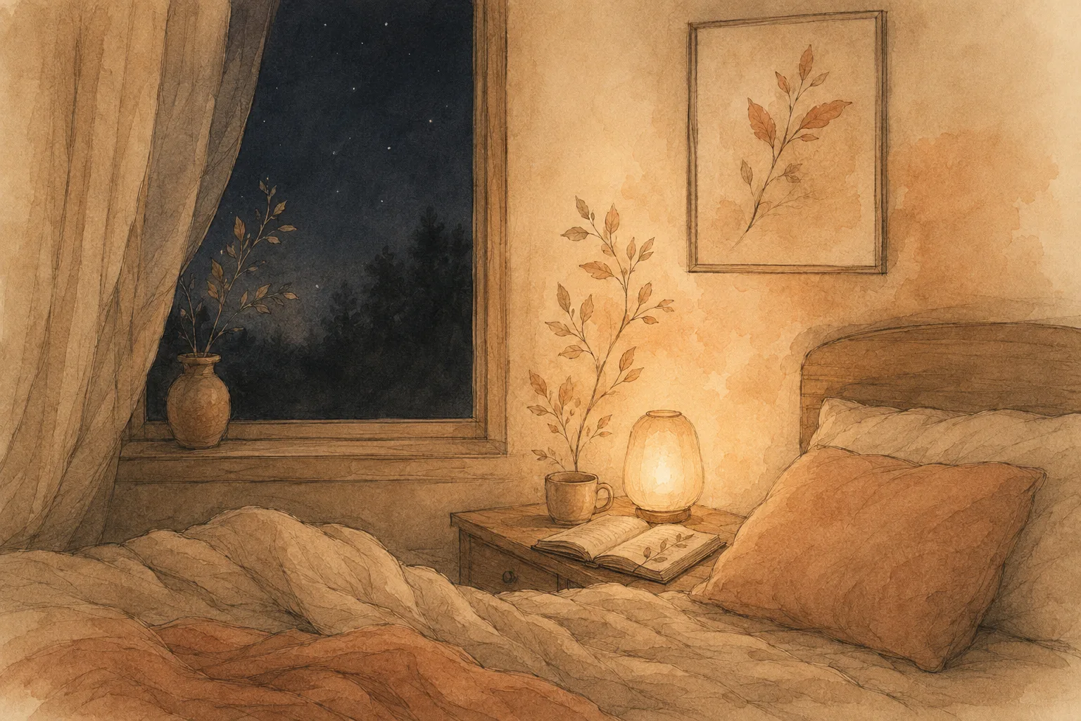 A dim bedroom window at night with a single warm lamp and an open book, representing the long awake stretches of late pregnancy that create the highest-risk window for picking.