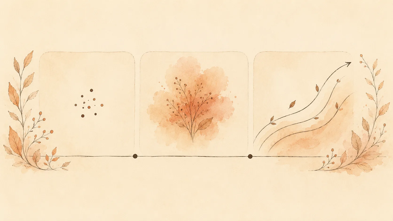 A three-panel timeline showing skin changes across pregnancy: oil and breakouts early, pigment patches in the middle, stretching and itching late, rendered as soft symbolic marks rather than clinical images.