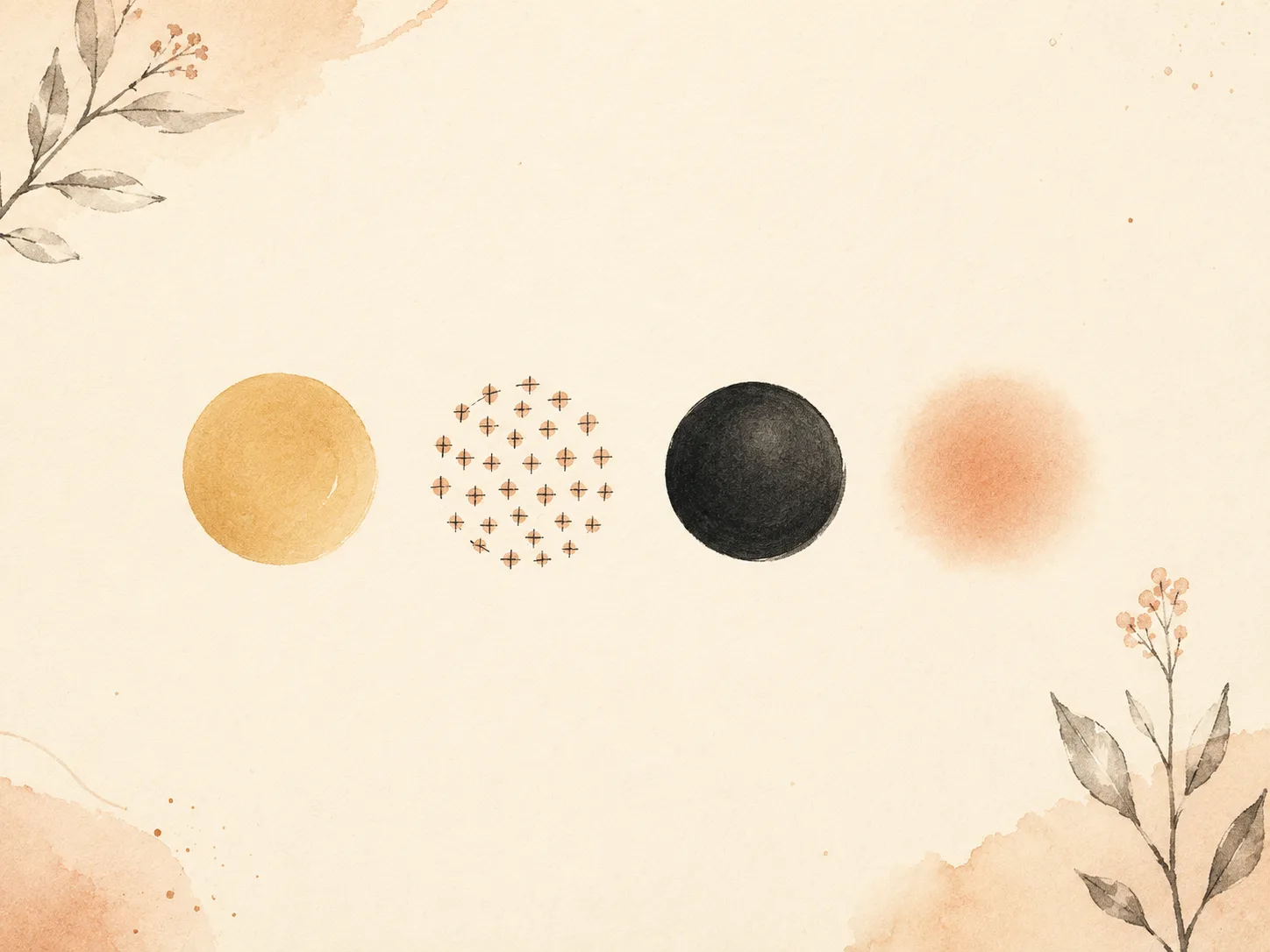 Four small hand-drawn circular marks in a row on warm paper, each a different pattern: a golden crusted patch, a cluster of dots each pierced by a fine line, a single deep filled dome, and a soft spreading wash with no defined edge, representing impetigo, folliculitis, an abscess and cellulitis.