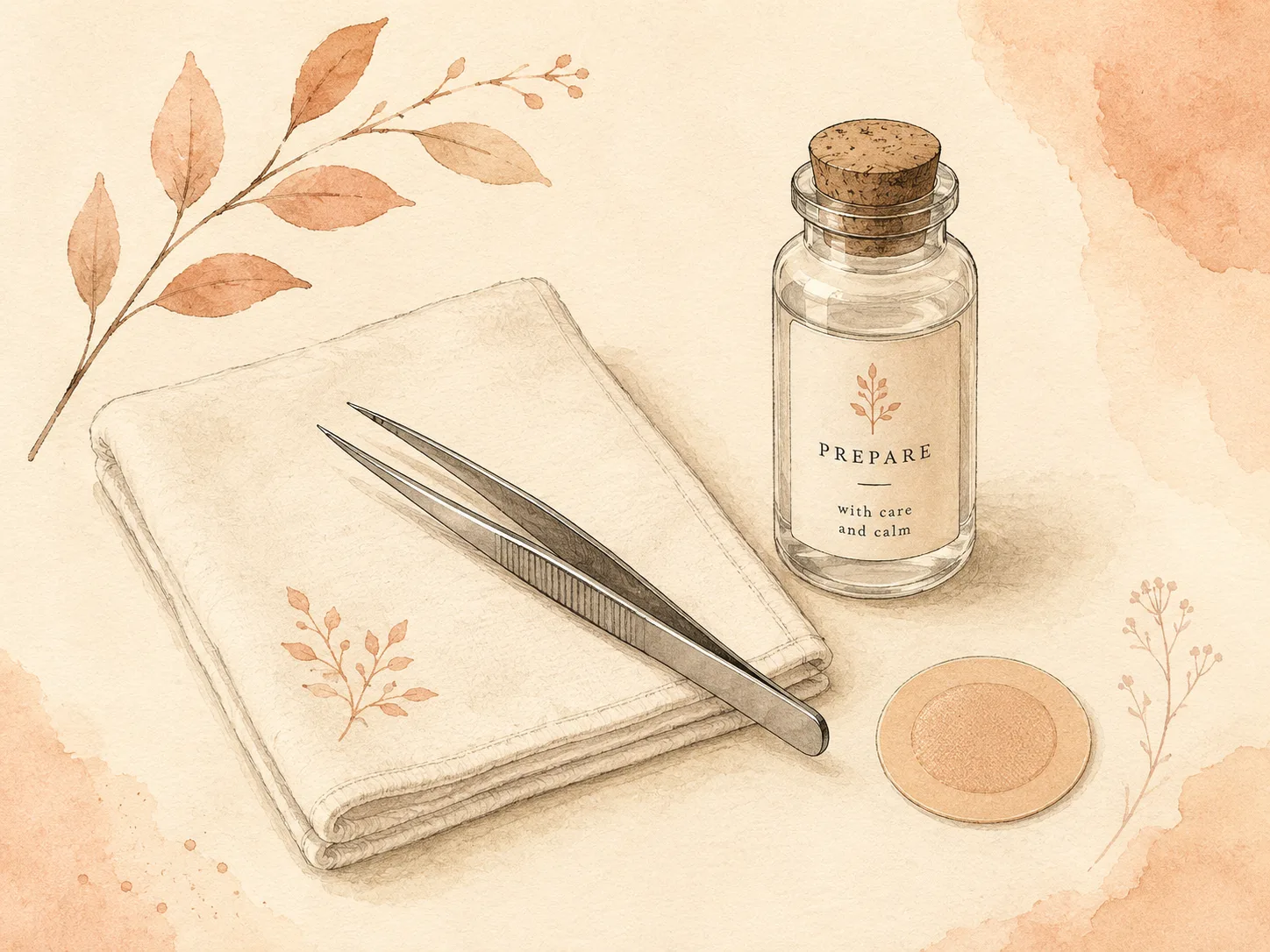 A pair of fine tweezers resting on a clean folded cloth beside a small bottle and a covered patch, arranged calmly on warm paper, showing the preparation that lowers infection risk for anyone who uses tools on their skin.