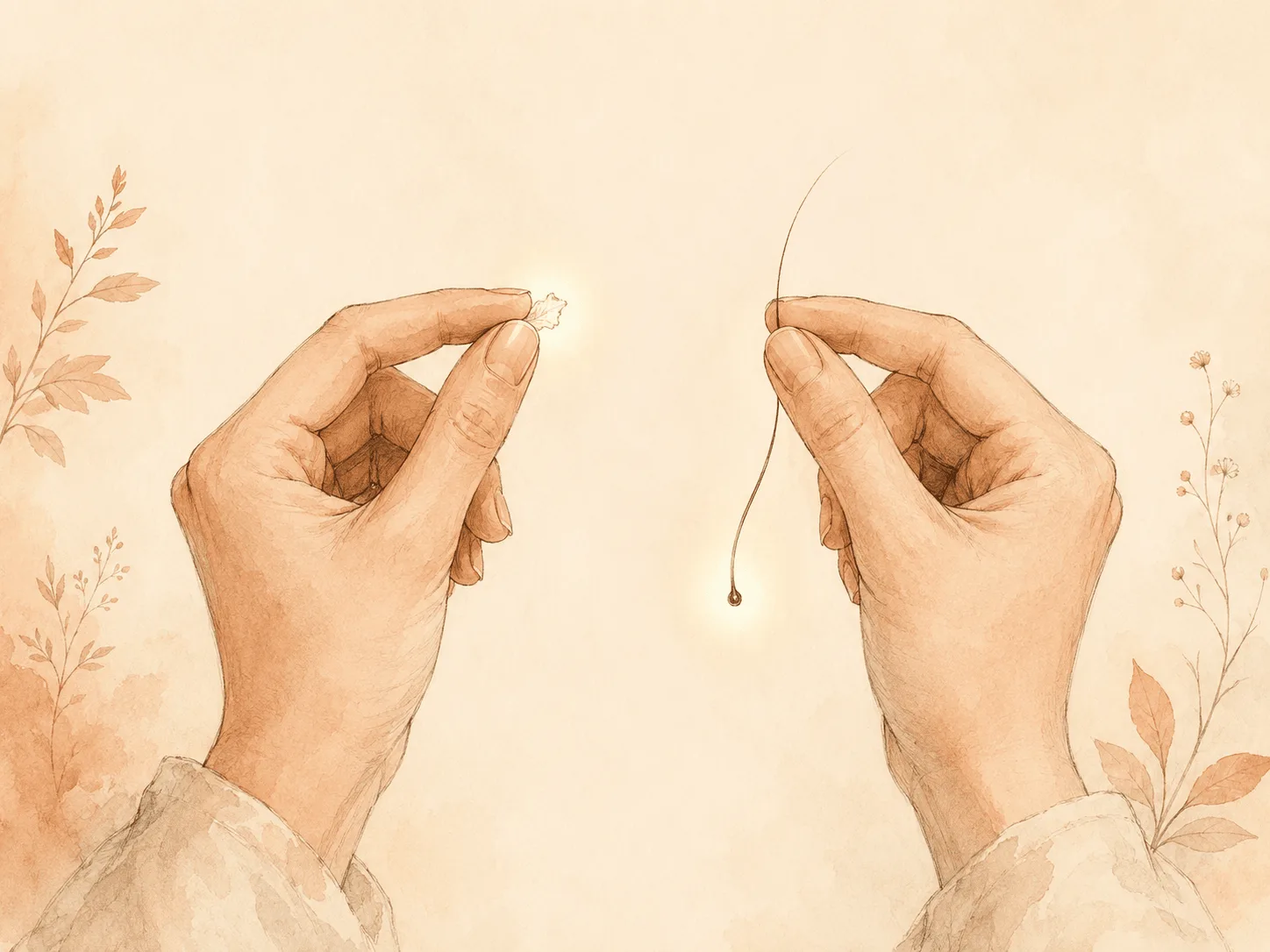 Two fingertips drawn side by side against a soft background, one holding a small flake of skin and the other a single hair with its root, illustrating the difference between scalp picking and hair pulling.