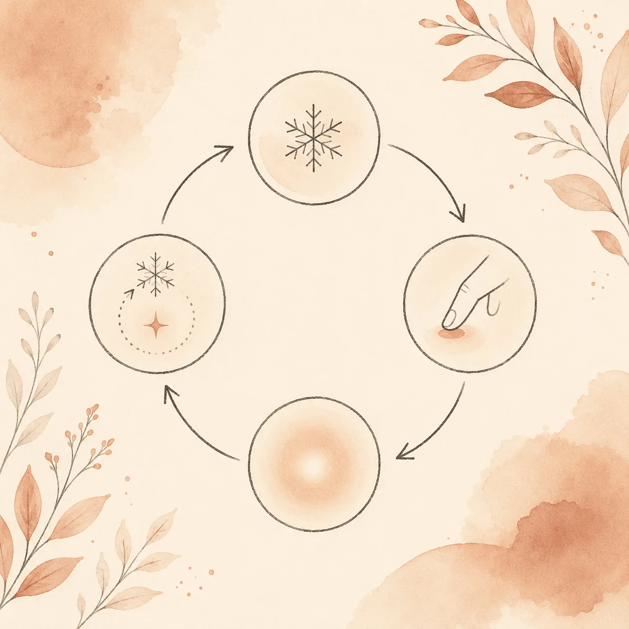 A circular diagram showing the scalp picking loop: flaking and itch, then touching, then picking, then a healing scab that itches, which becomes the next target.