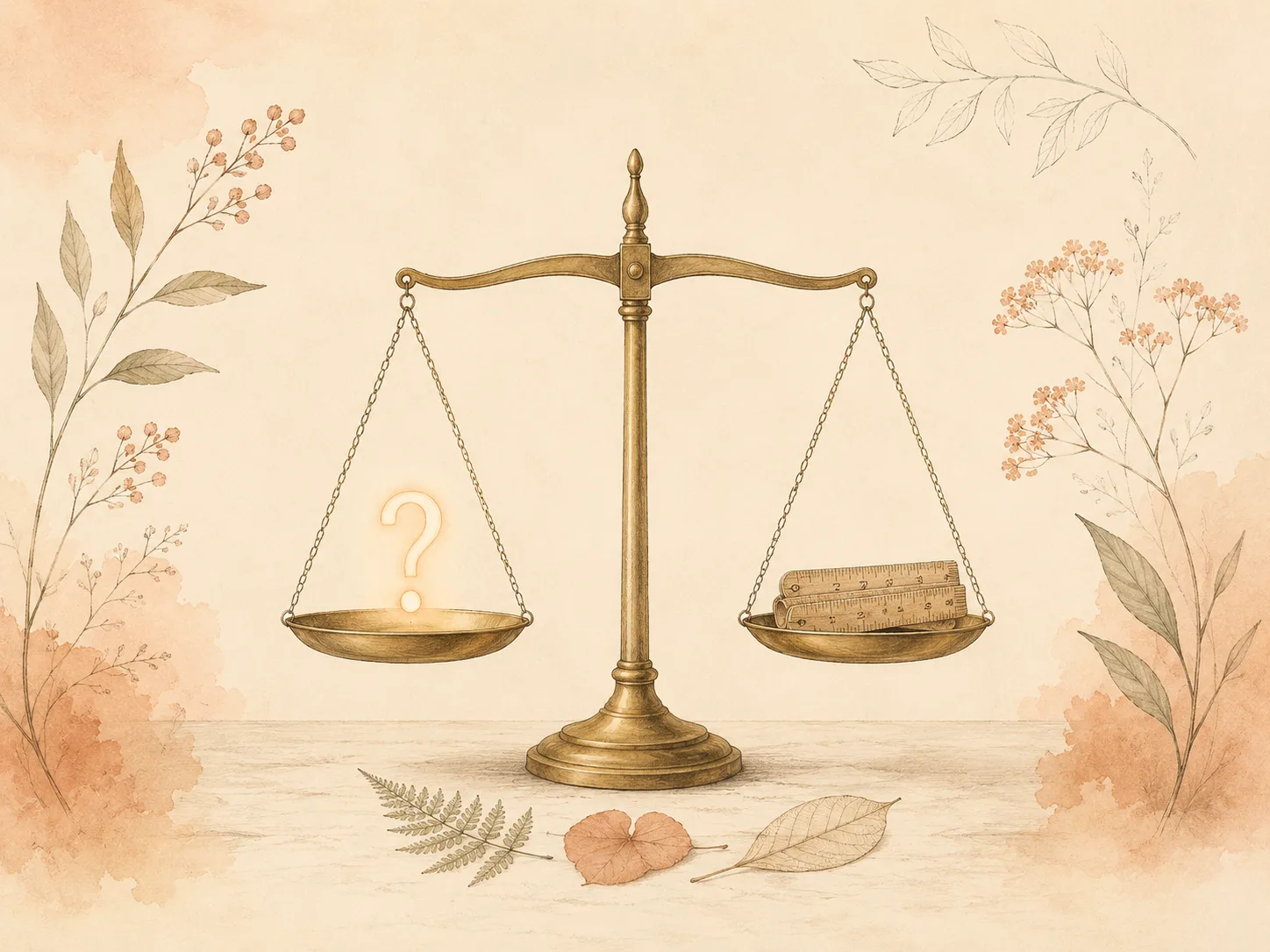 A balanced set of scales weighing a question mark against a ruler, illustrating that clinicians sort skin picking from self-injury by the purpose of the behavior rather than by how much damage it causes