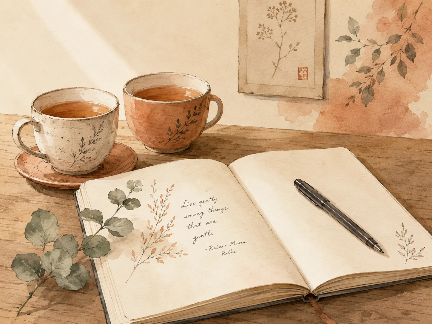 Two cups of tea beside an open notebook on a table, representing the conversation with a clinician or a family member about what skin picking actually is