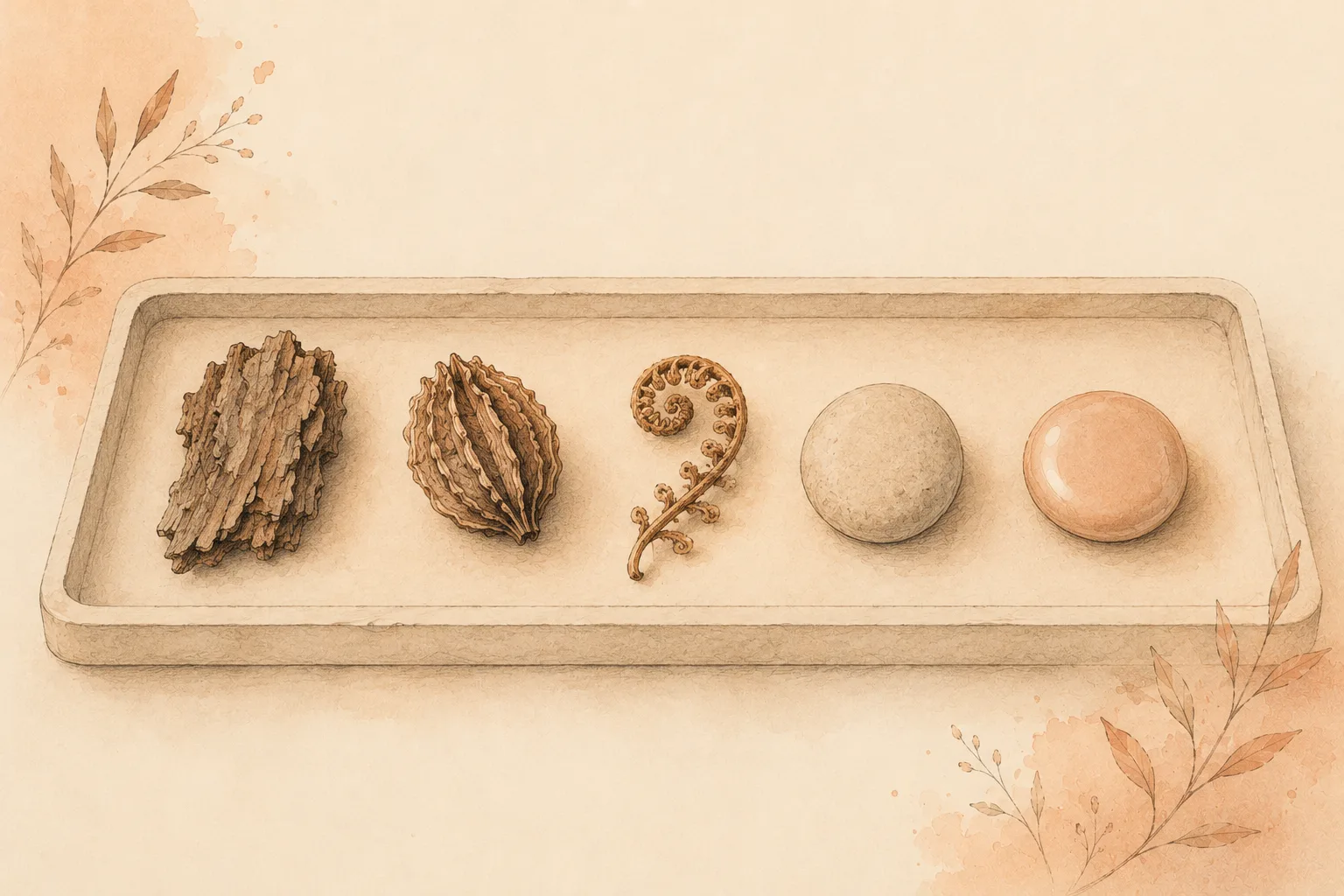 Watercolor illustration of a shallow specimen tray holding natural objects arranged from rough to smooth, a ridged bark chip, a seed pod, a pebble and a polished stone, representing taking an inventory of the textures that trigger picking