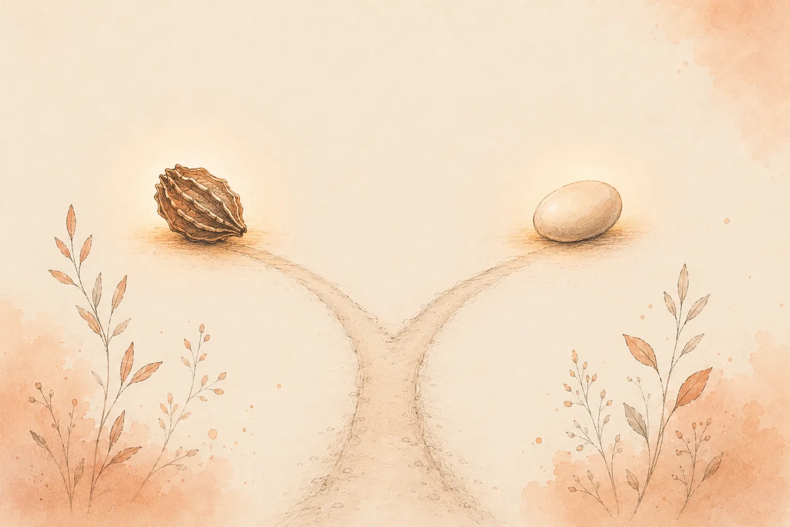 Watercolor illustration of a single path dividing into two, one branch ending at a rough ridged seed pod and the other at a smooth polished stone, representing the two sensory routes into skin picking