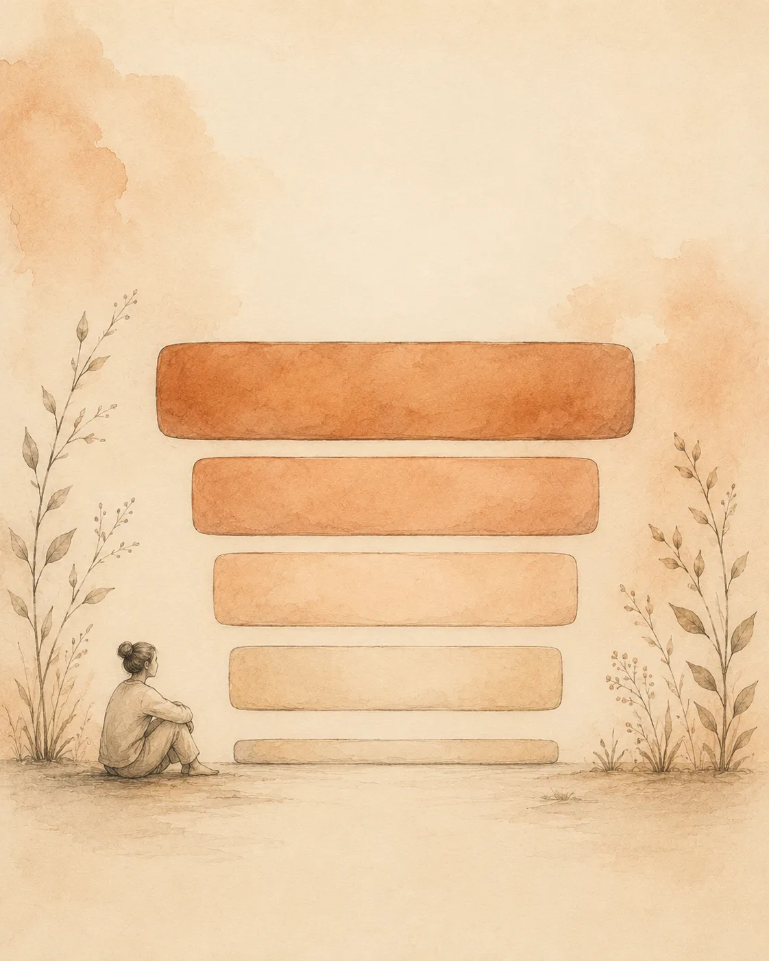 Five stacked horizontal bands of increasing thickness rising from thin to wide, with a small figure standing beside the lowest one, representing the levels of care above weekly therapy
