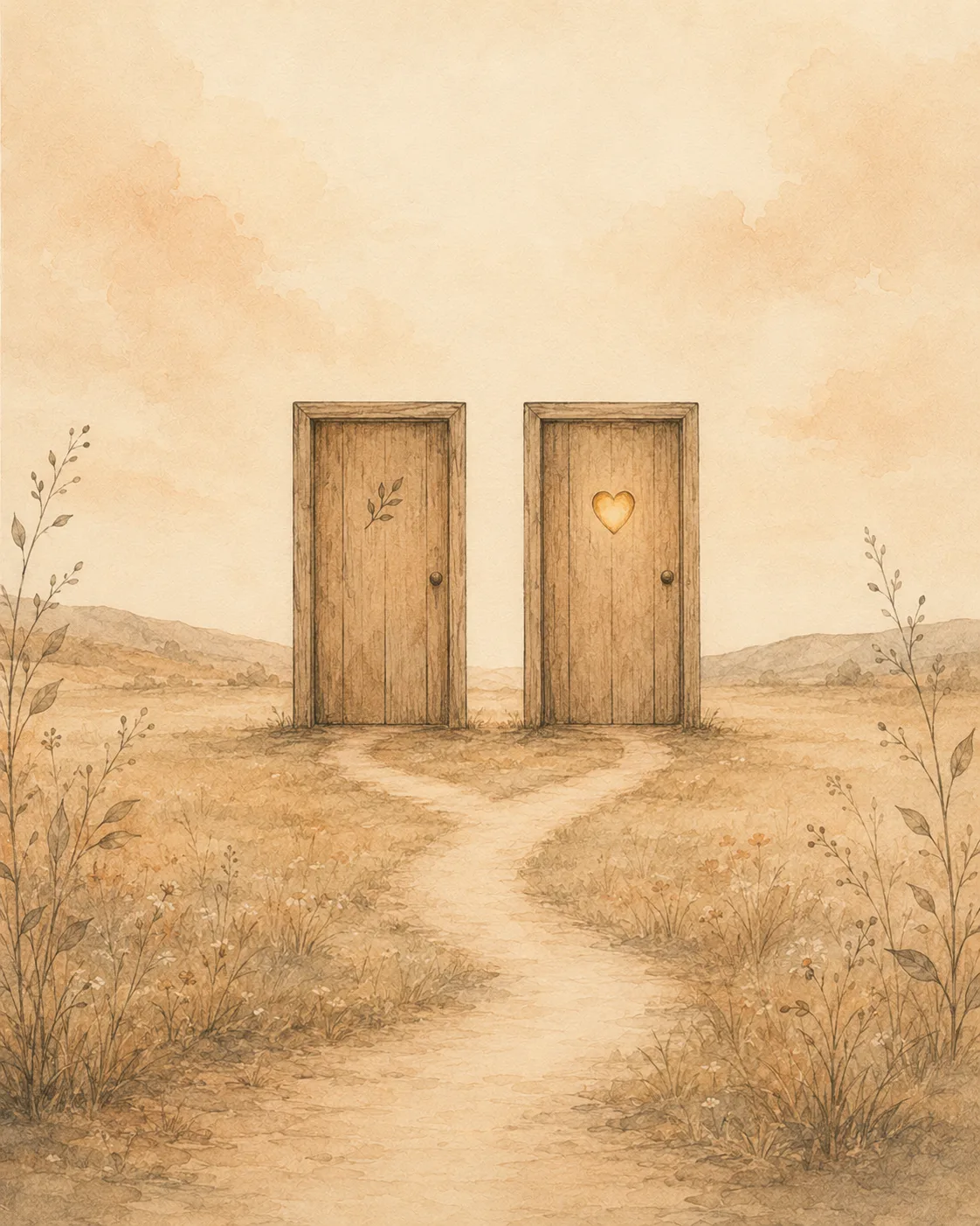 Two doors side by side, one marked with a small leaf and one with a small heart, a single path leading to both, representing dermatological and mental health care running together