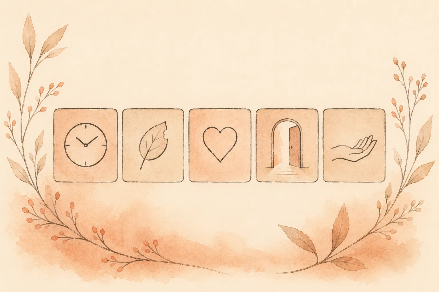 Five small labelled tiles in a row, each holding a simple line-drawn symbol: a clock, a leaf with a nick in its edge, a heart, an open doorway, and an open hand, representing time, tissue damage, distress, functional impairment and control