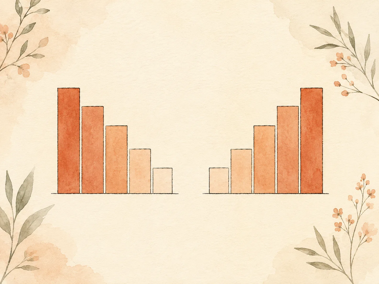 Two side-by-side bar profiles of identical total height but opposite shapes, one loaded on the left bars and one on the right, illustrating two people with the same severity score and different treatment needs