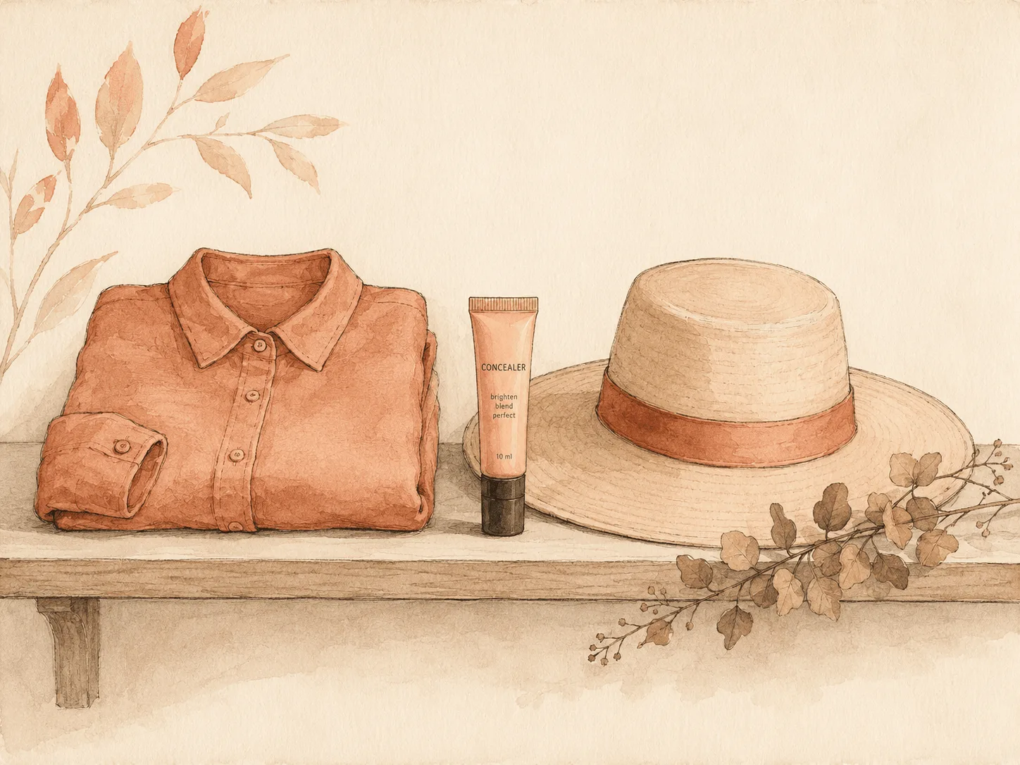 A folded long-sleeved shirt, a tube of concealer and a hat arranged neatly on a shelf like a small kit, representing the daily routine of covering skin damage.