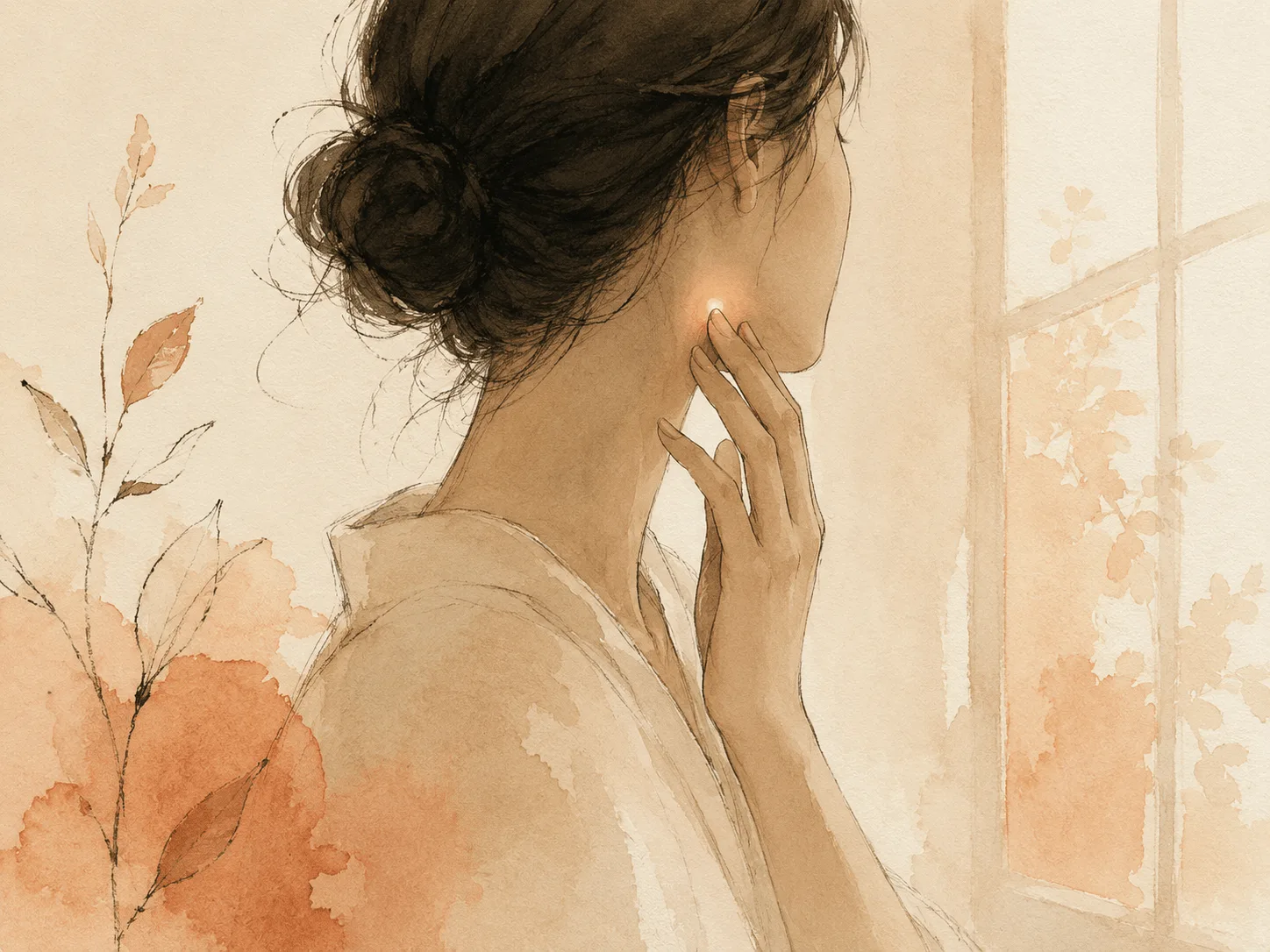 A hand resting along a jawline with the fingertips searching for texture while the eyes look away, illustrating the unconscious skin-checking that precedes a picking episode.