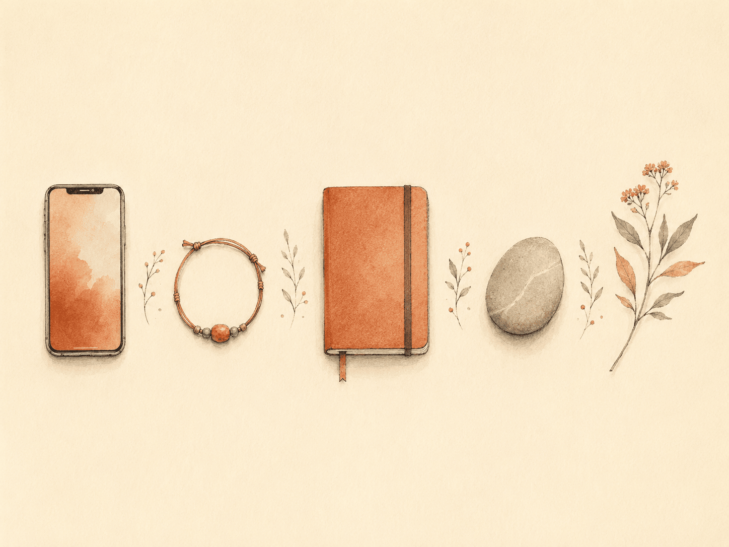 A soft watercolor still-life laying out distinct self-tracking tools side by side: a phone, a wrist bracelet, a small notebook, a smooth stone, and a botanical sprig, representing different tools for different jobs.