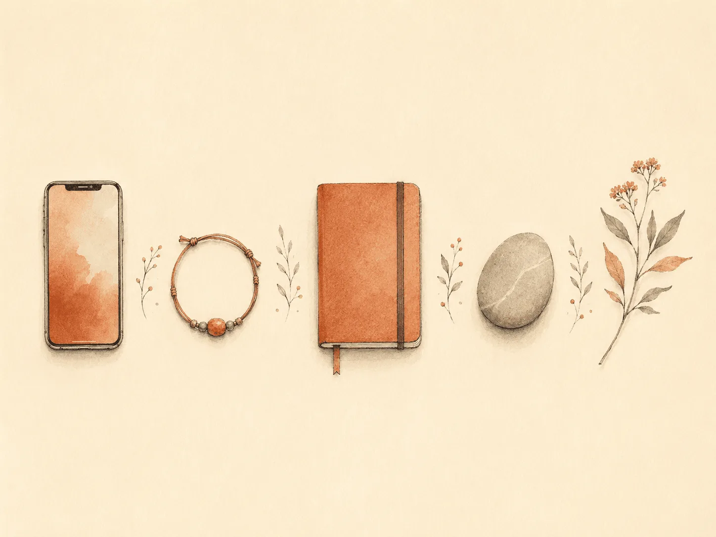 A soft watercolor still-life laying out distinct self-tracking tools side by side: a phone, a wrist bracelet, a small notebook, a smooth stone, and a botanical sprig, representing different tools for different jobs.
