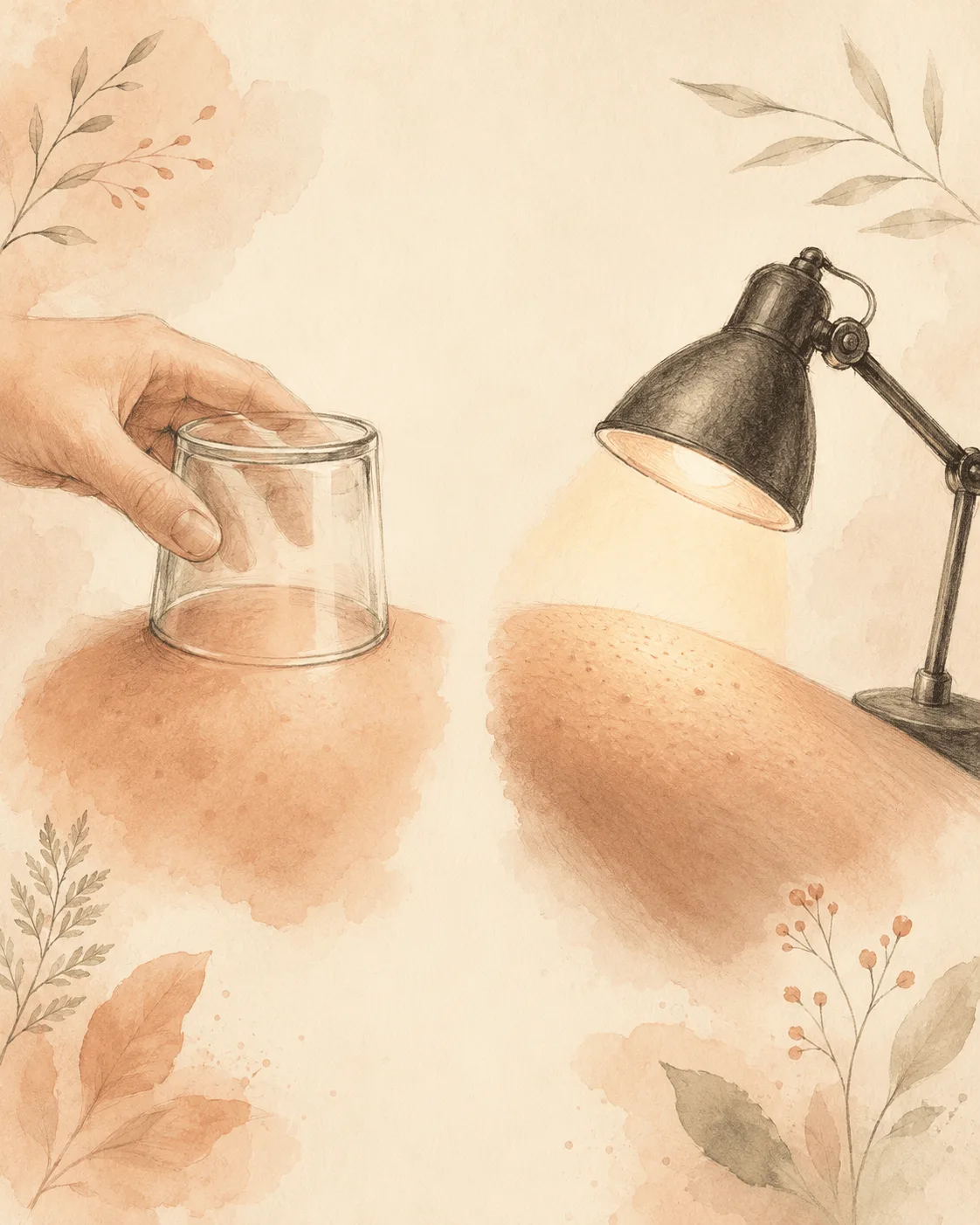 A small drinking glass and a low angled lamp beside a soft abstract patch of skin, illustrating the two at-home tests that separate a flat color mark from a true texture scar.
