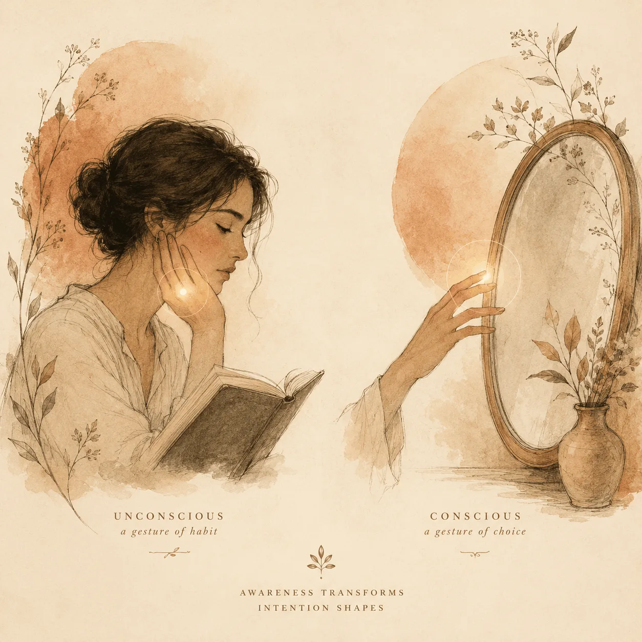 Two hands side by side: one resting absently against a jawline while reading, one deliberately reaching toward a mirror, illustrating automatic versus focused picking.