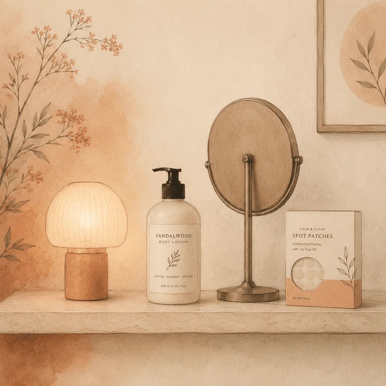 A calm bathroom shelf holding a lamp, a lotion bottle, and a box of spot patches, with a magnifying mirror turned face to the wall behind them.