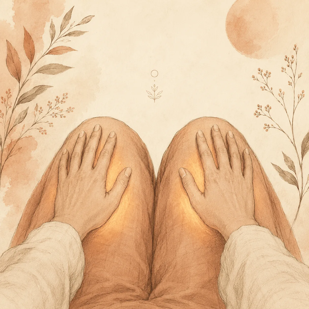 Two open hands resting palms-down and flat on a pair of knees, the practiced competing response rehearsed while calm.