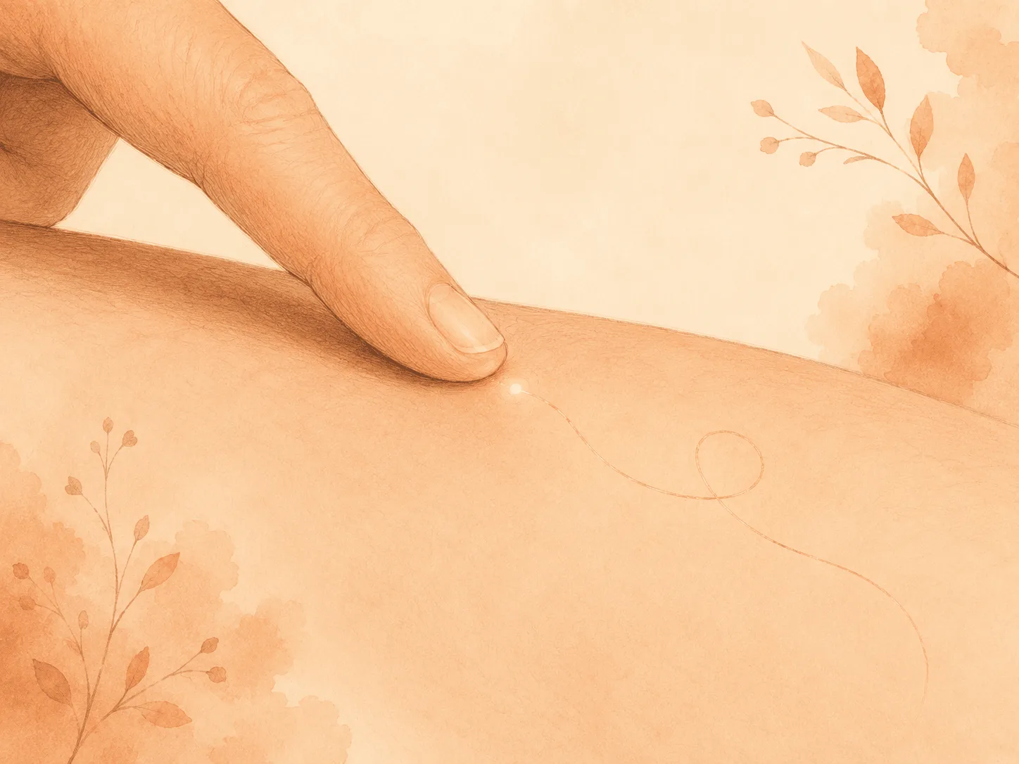A fingertip tracing a slow path across skin and pausing at a single glowing point, showing a picking episode beginning as a search for a target rather than as an emotion.