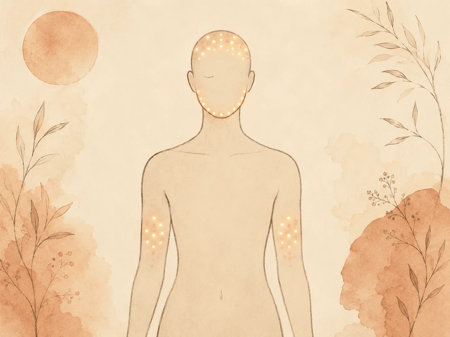 A calm body outline with small glowing dots clustered at the jaw, upper arms and scalp, some fading and some newly bright, showing how a skin condition keeps replenishing the supply of picking targets.
