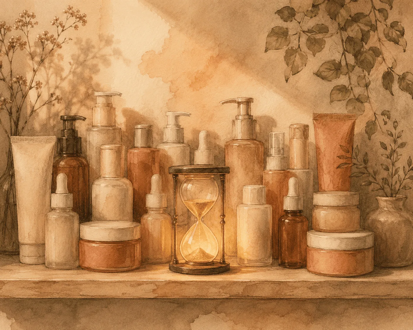 A bathroom shelf holding three simple bottles beside a folded towel in low warm light, illustrating a short routine designed to reduce time spent at the mirror