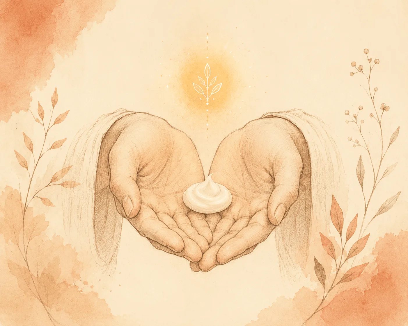Two open palms cupped upward holding a small amount of cream, warm calm light, no mirror in view, illustrating applying skincare by touch rather than by inspection