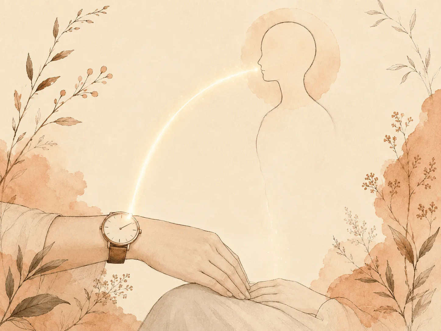 A soft watercolor illustration of a wrist with a glowing arc of awareness reaching up toward the head but fading before it reaches the fingers and lap, showing why wrist sensors detect face-directed gestures better than picking below the shoulders.