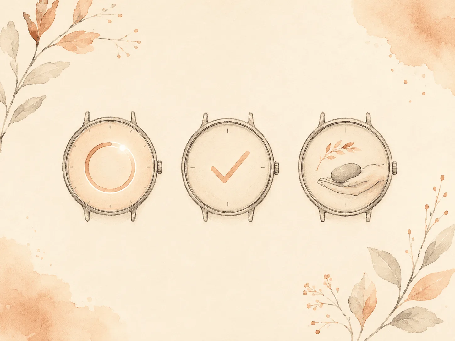 A soft watercolor illustration of three small watch faces in a row representing a timed awareness session, a logged moment, and a hand redirected to hold a smooth stone, showing the three steps of a free wrist awareness setup.