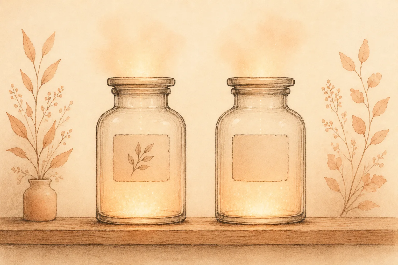 Two identical glass jars side by side, one labeled active and one labeled placebo, with almost equally bright light rising from each, illustrating how similarly both arms of a short skin-picking trial improve