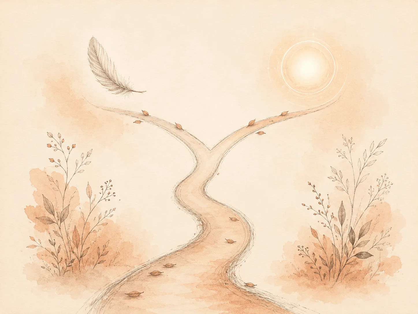 A single path splitting into two branches, one marked by a drifting feather for pulling that happens without noticing, the other by a circle of light for pulling that starts as a search for one specific hair