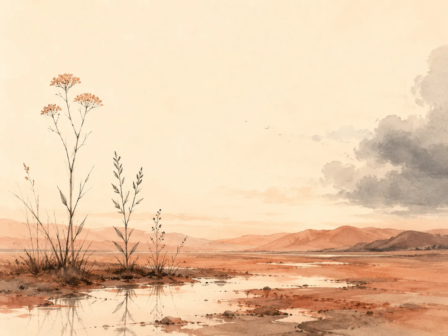 A watercolor landscape where the dark weather has moved to the far edge of the frame while the ground below is still soaked and pooled with water, showing that the aftermath of a stressful period outlasts the period itself.
