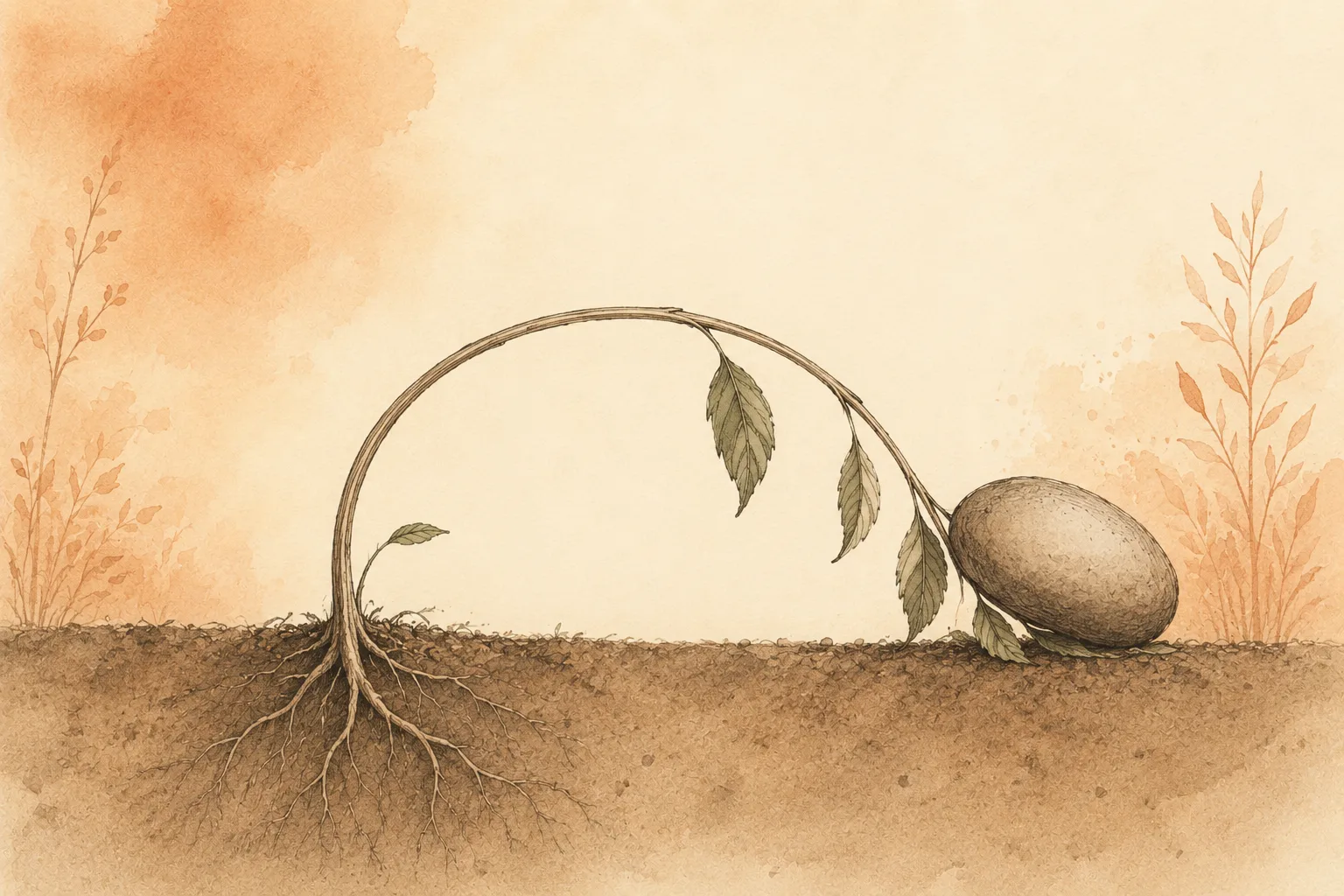 A slender watercolor stem bending deeply under a heavy weight while its roots stay anchored in the soil, showing that a period of high load bends a recovery rather than breaking it.