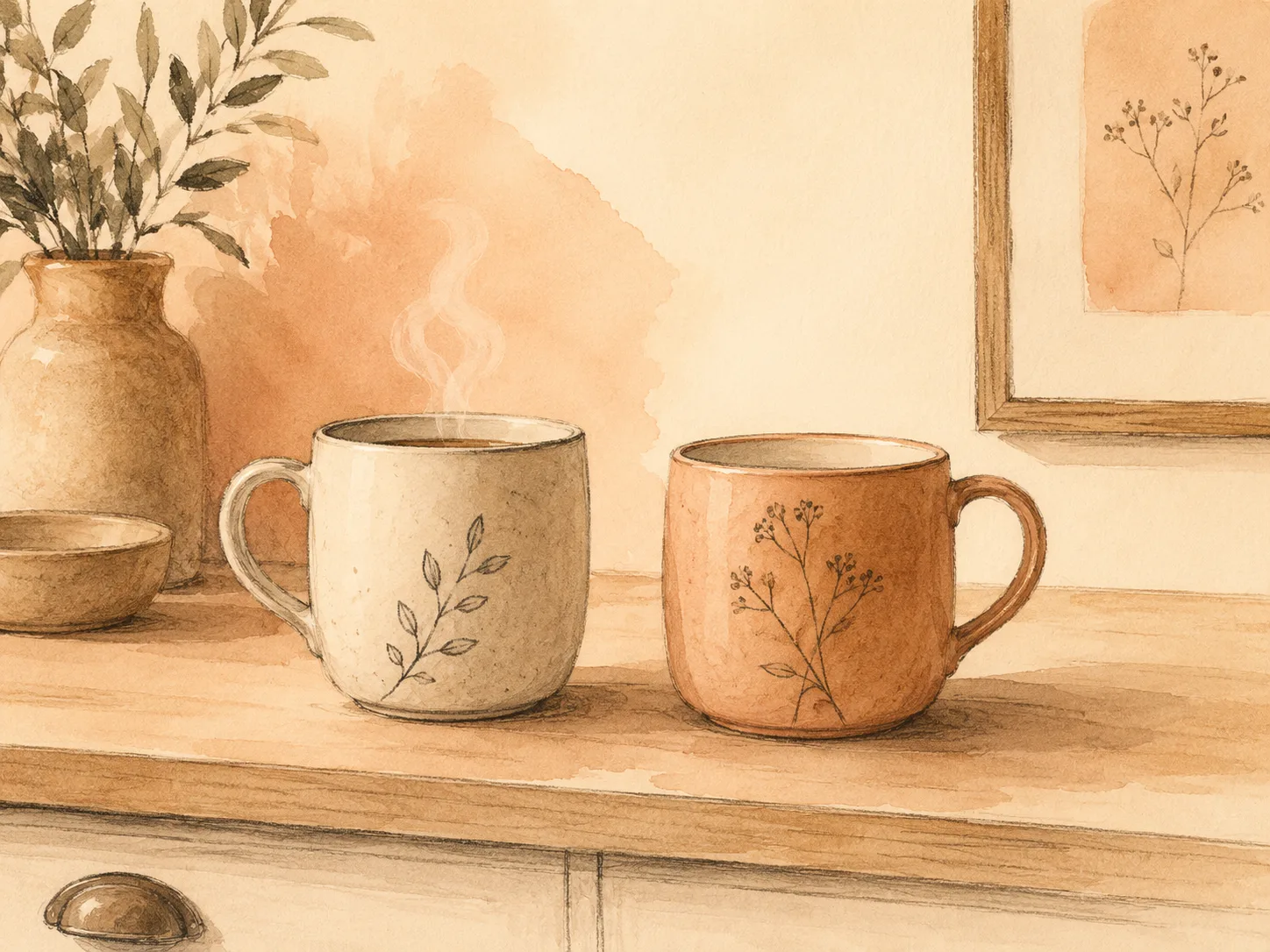 Two mugs on a kitchen counter in evening light, one steaming, representing ordinary steady moments between partners