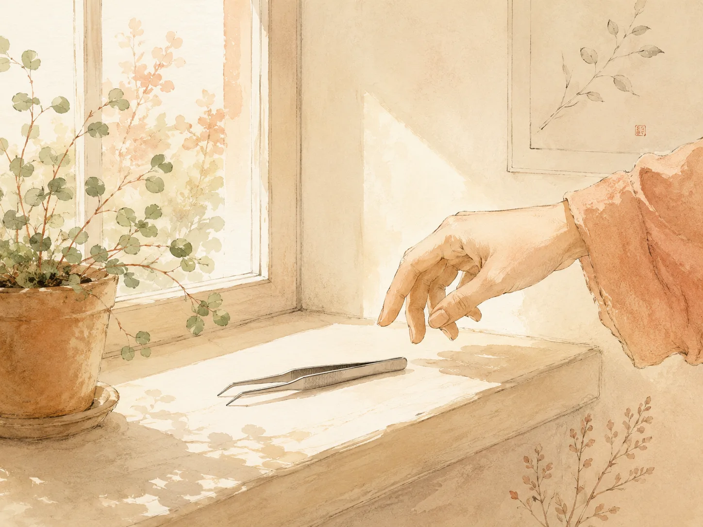 A pair of tweezers set down on a sunlit windowsill beside a small potted plant, representing declining a partner's request to pick for them