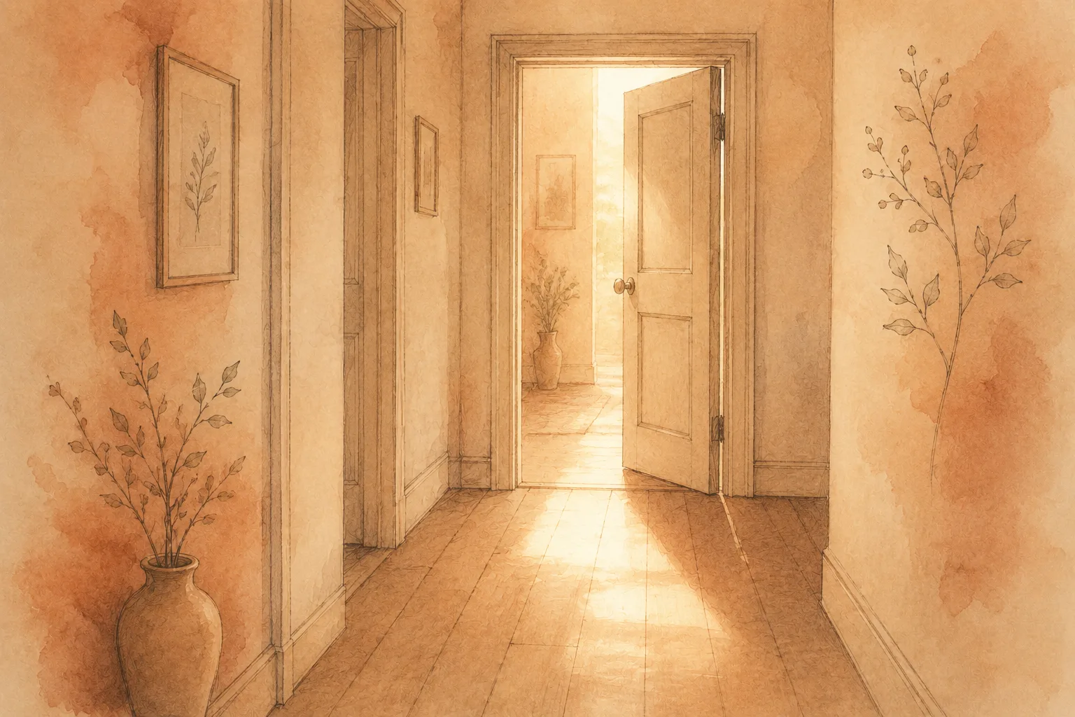 A hallway looking toward a doorway with warm light spilling out, representing a partner choosing not to go in and check